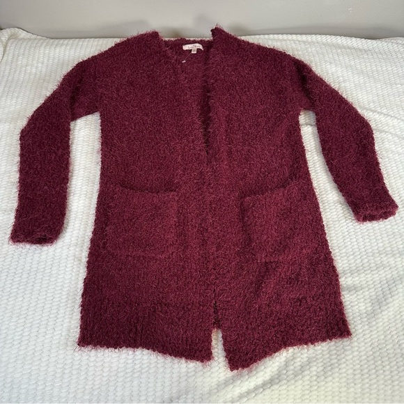 Love Tree Womens Maroon Fuzzy Popcorn Eyelash Sweater Cardigan Pockets Large - Picture 1 of 10